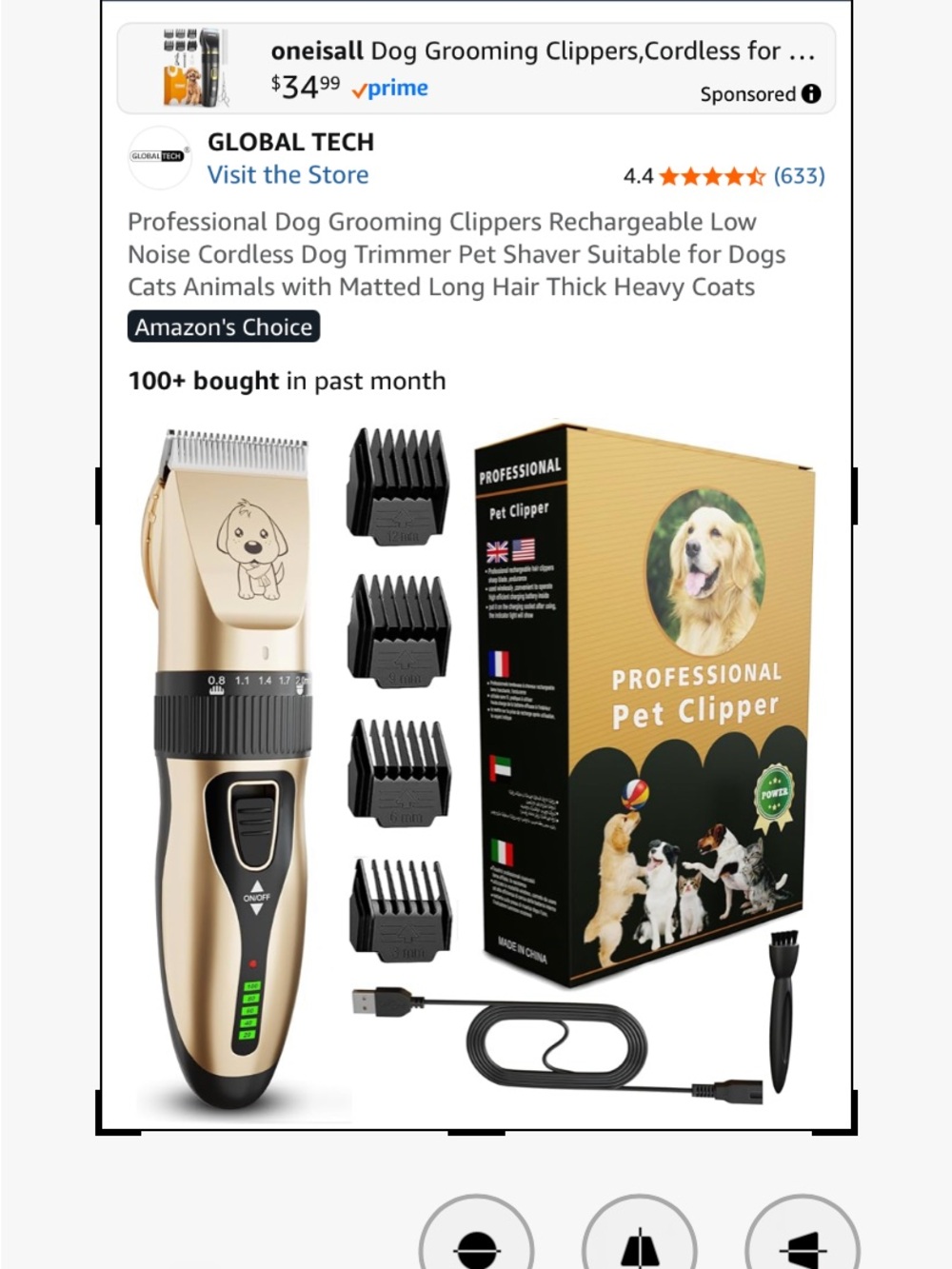 Professional Pet Clipper in Gold - Rechargeable Cordless Trimmer
